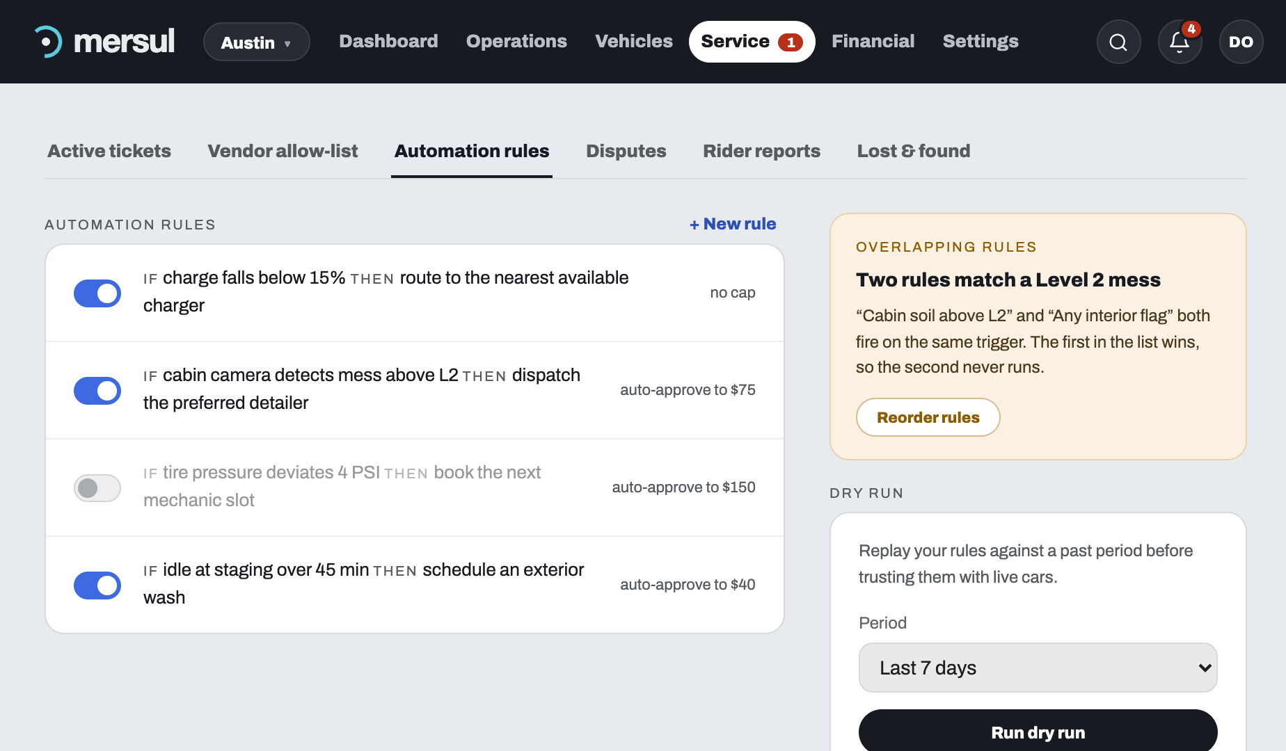 The automation rule builder with a dry run showing how often rules would have fired
