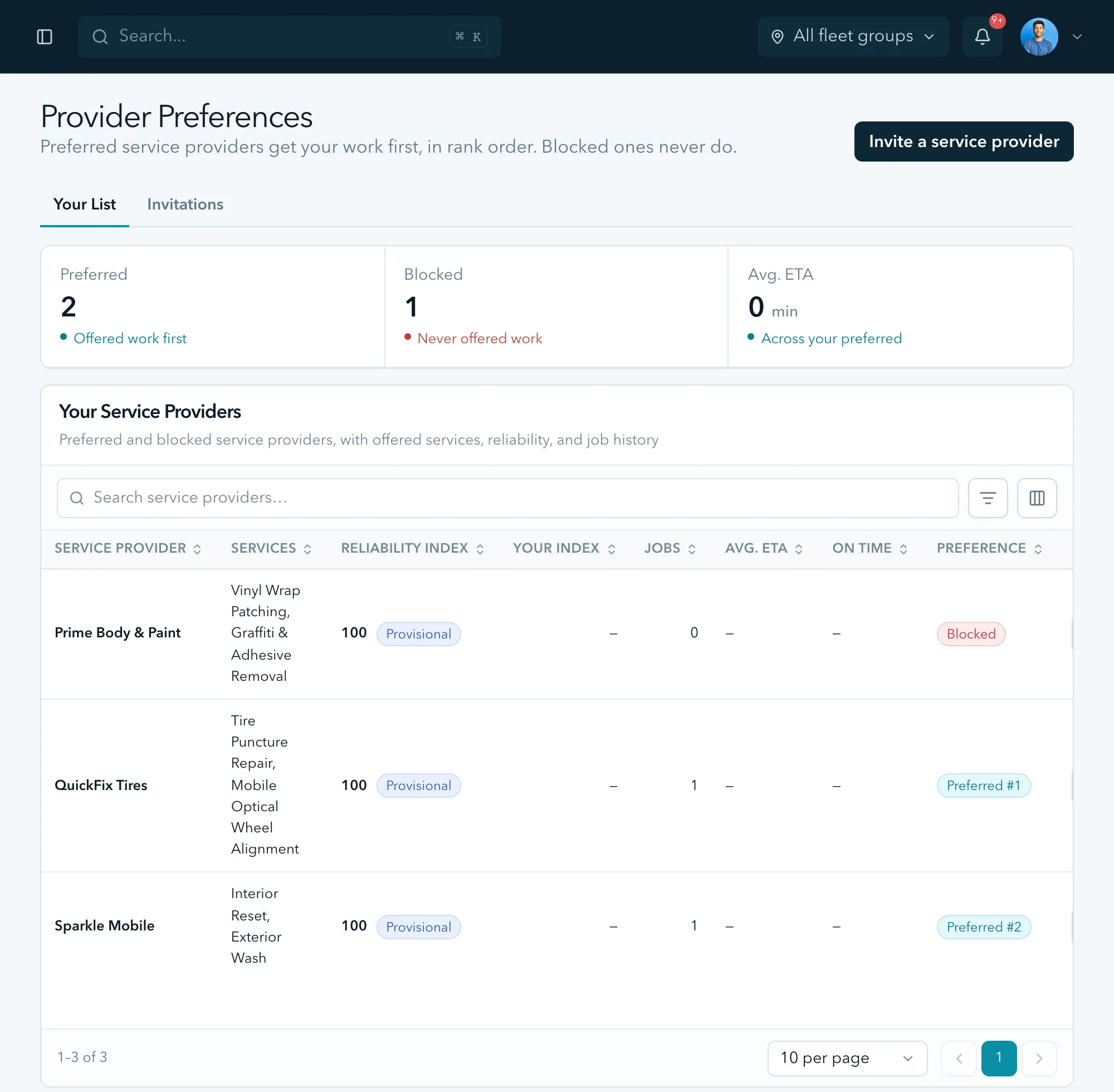Provider preferences: two service providers ranked first and second, and one blocked