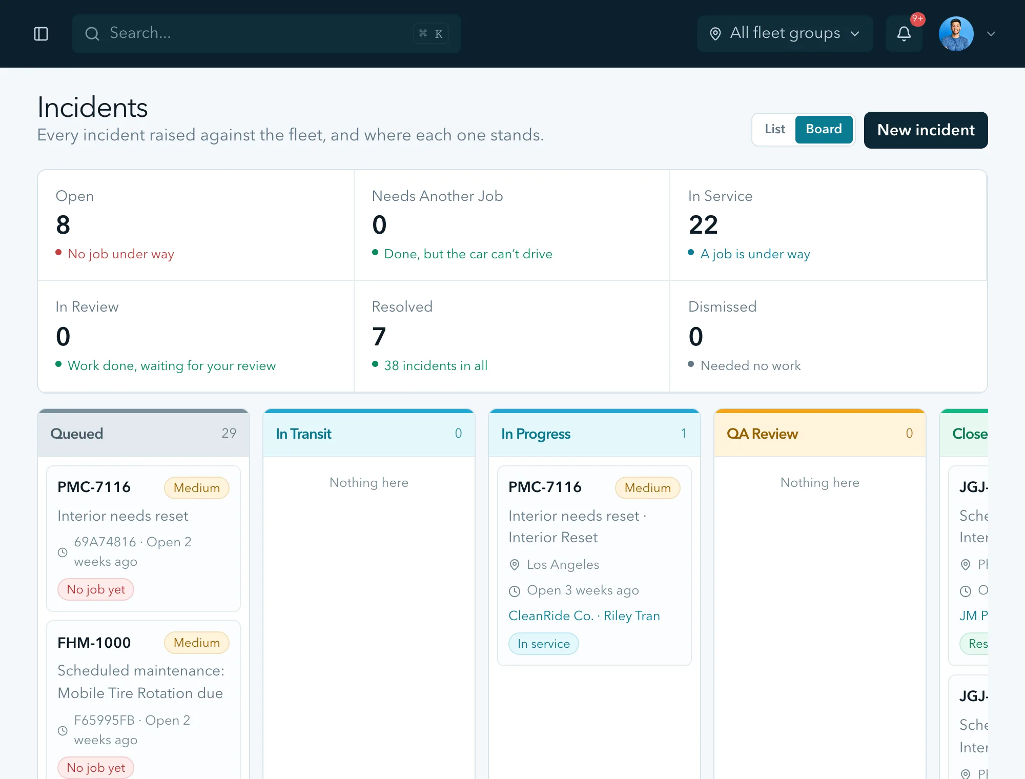 The incident board, with columns from queued through in transit, in progress, QA review and closed