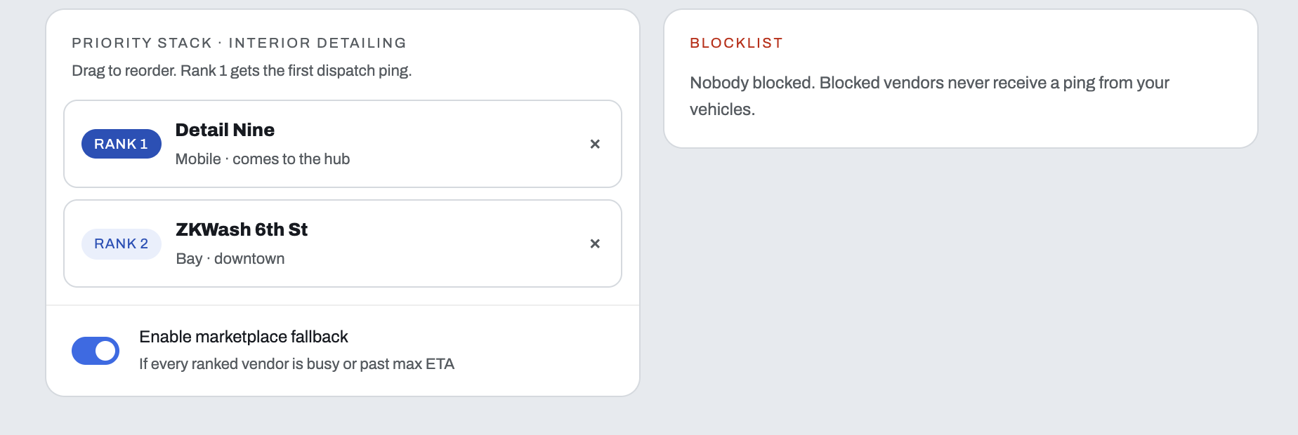 A priority stack of preferred vendors with a marketplace fallback toggle and a blocklist