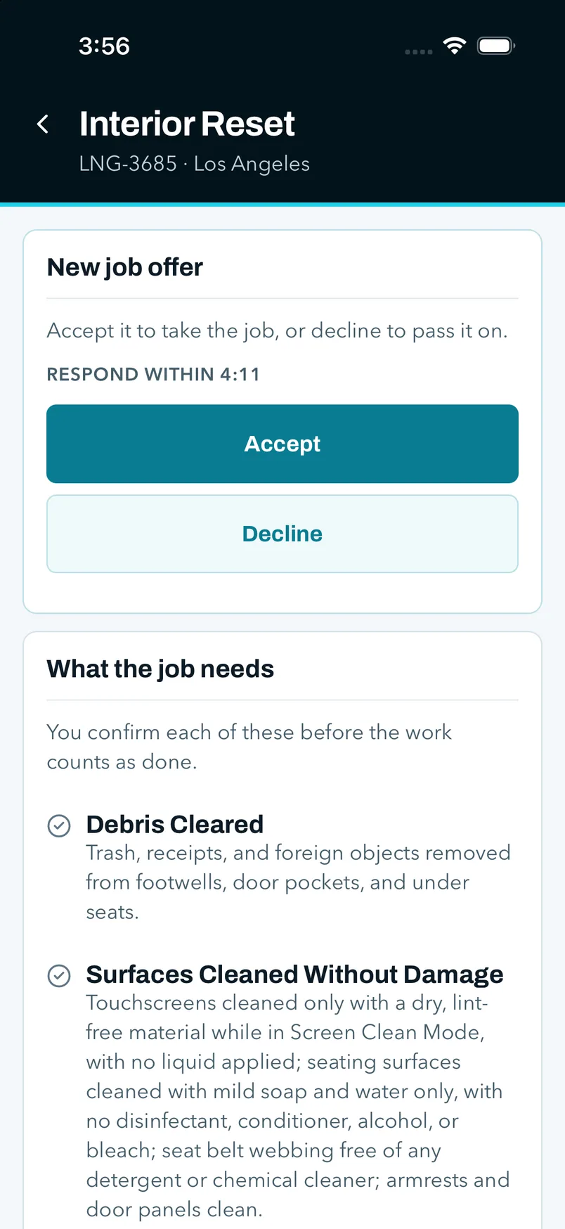 The service provider app: a new interior reset offer for a car in Los Angeles, with a countdown to respond, accept and decline buttons, and the checklist of what the job needs