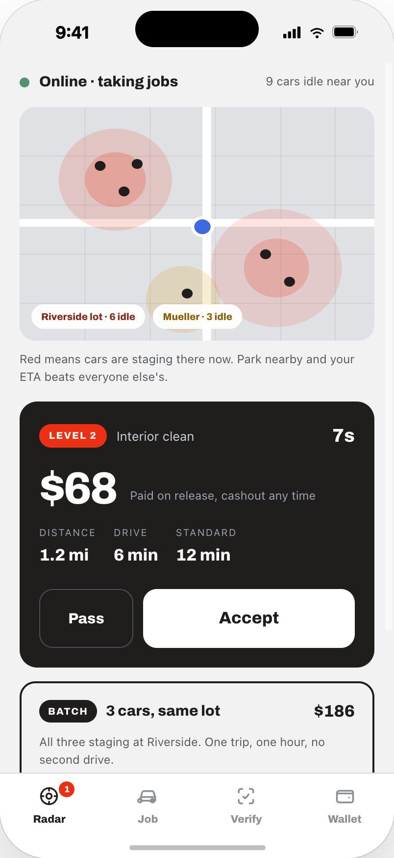 The vendor app showing a live job ping: Level 2 interior clean, $68, 1.2 miles away, six minute drive against a twelve minute standard, with pass and accept buttons and a batch of three cars at one lot below